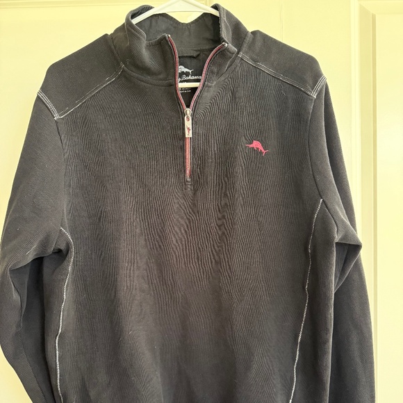 Tommy Bahama Charcoal Zip-Up Sweater with Pink Accent - Picture 1 of 3